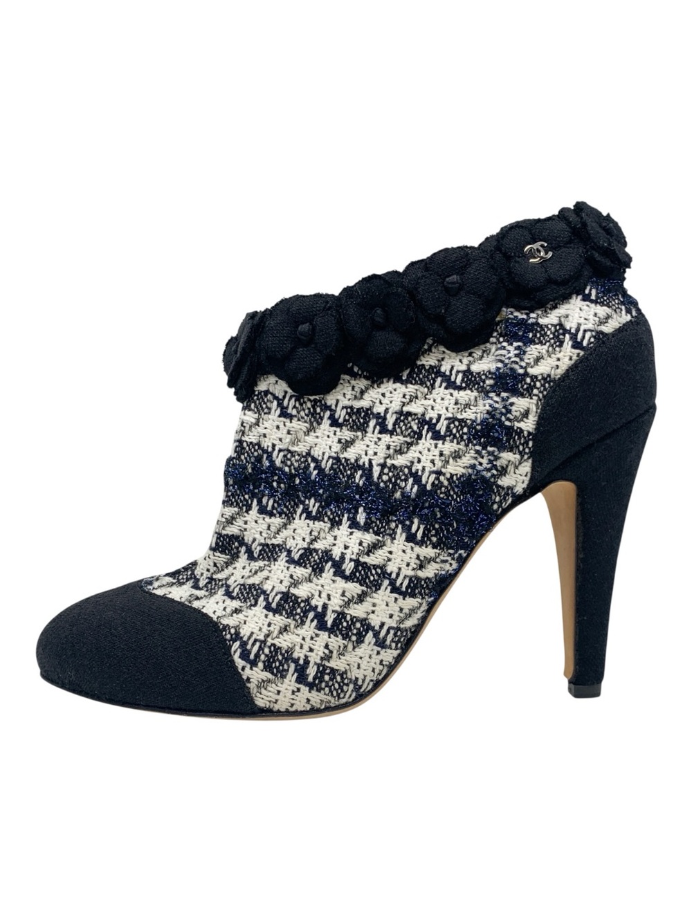 Chanel 2016 Tweed Camellia Ankle Boots Black White Blue 37.5